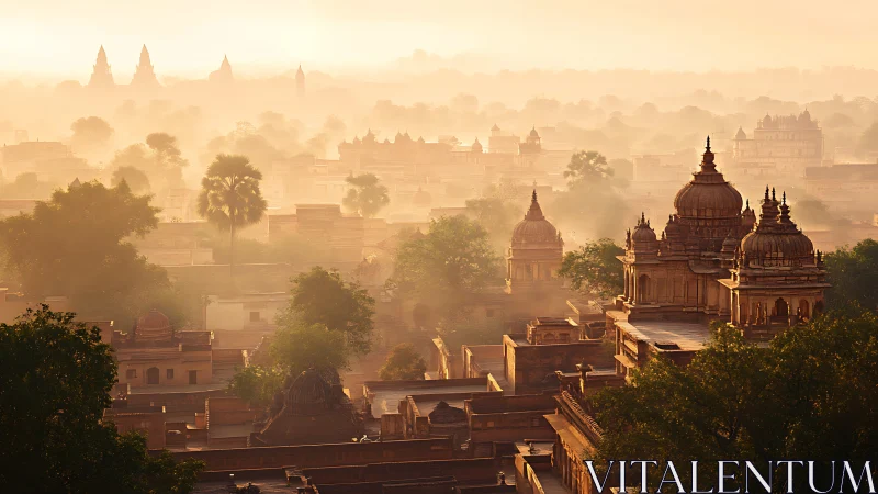 Historic domed structures in hazy sunrise cityscape view.