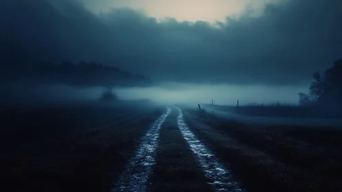Midnight fog road coils toward a ghostlit horizon edge.