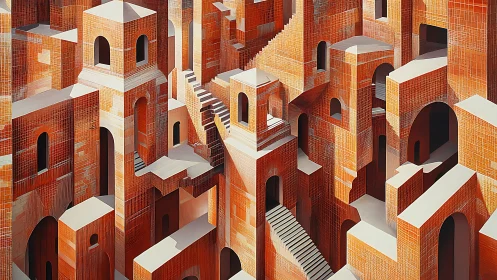 Labyrinth of terracotta stairs in endless sunlit ascent.
