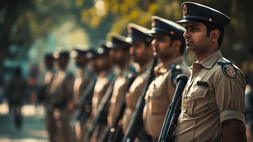 Police officers stand in ceremonial line under soft light.