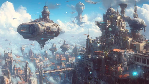 Skyborne megacity drifts among clouds and luminous airways.