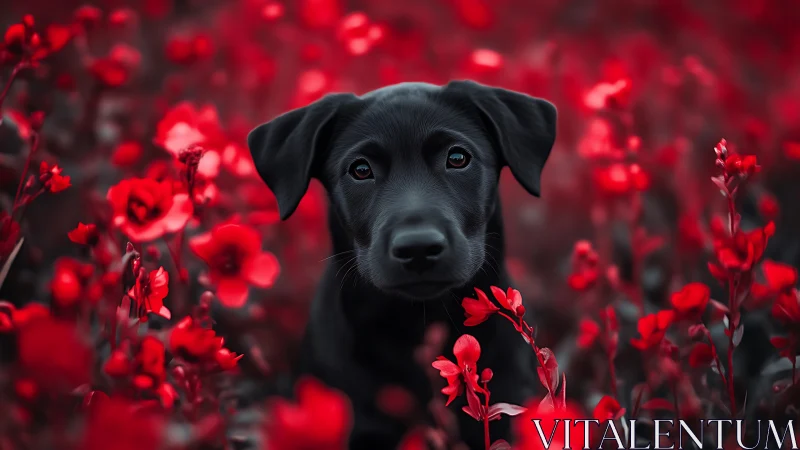 Black puppy sits centered among dense red flowers in focus