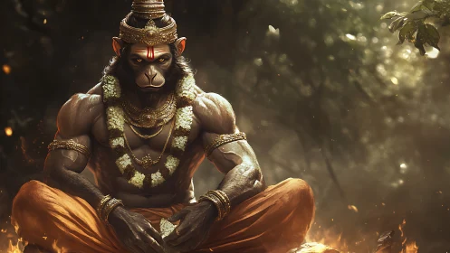 Muscular humanoid monkey deity meditates amid volumetric forest light