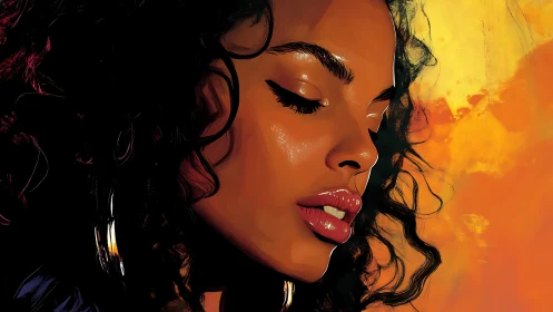 Digital portrait of woman in profile against warm backdrop.