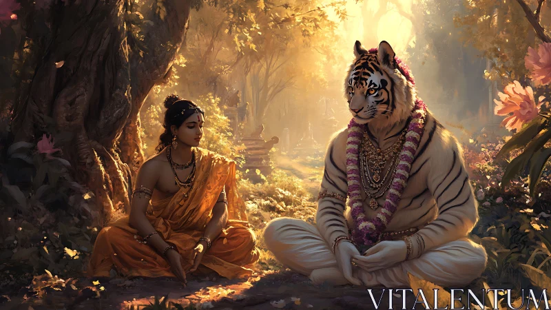 Tiger-headed sage and woman in sunlit forest meditation.