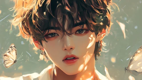 Sunlit youth gazes through drifting butterflies and light.