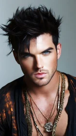 Male model portrait shows styled hair, jewelry, direct gaze