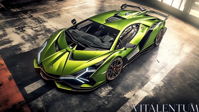 Neon green hypercar rendered with cinematic overhead lighting.