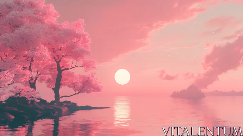 Pink twilight coastline with stylized cherry trees and full moon