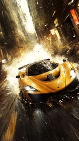 Kinetically illuminated hypercar in rain-lashed urban canyon.