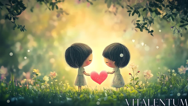 Two Figures Sharing Heart in Luminous Garden.