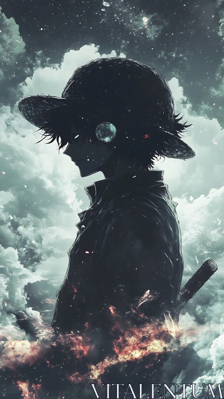 Celestial swordsman silhouette amid clouds and cosmic embers