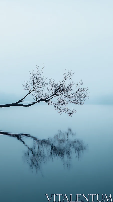 Bare winter branch arches over misty blue lake reflection