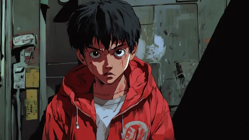 Brooding anime youth in red jacket under harsh urban light.