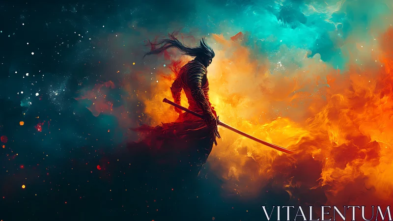 Warrior silhouette stands between blue nebula and orange fire