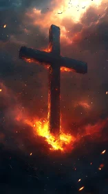 Volumetric-lit molten stone cross emerges from infernal ground