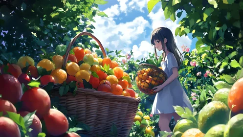 Sunlit orchard girl cradling a basket of glowing fruit.