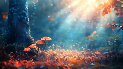 Bioluminescent Forest Floor With Red Mushrooms and Blue Atmospheric Light.