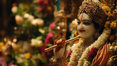 Hindu deity statue holds flute amid garlands and flowers