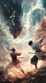 Samurai rivals unite beneath a roaring storm spirit.