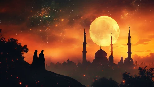 Golden moonrise over a quiet city of minarets and wonder.