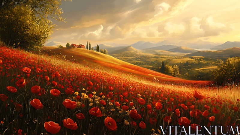 Sunlit poppy hillside overlooking distant rural valley.