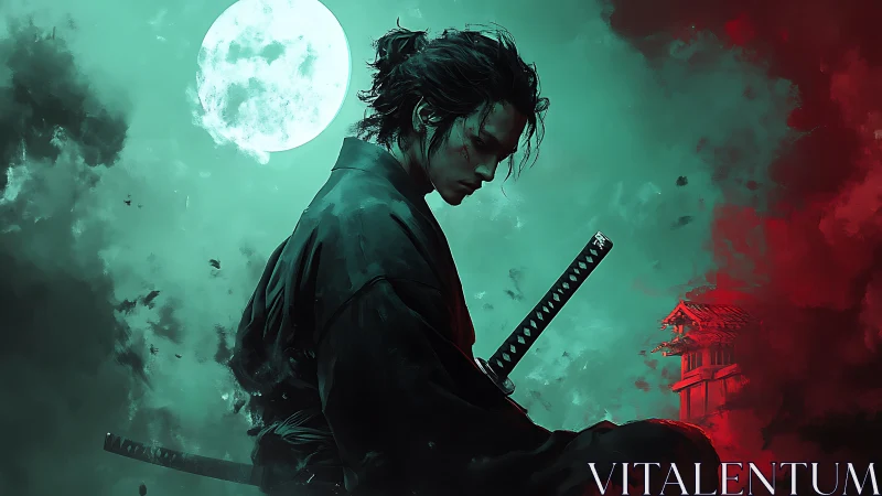 Lone samurai under full moon in teal and crimson storm.