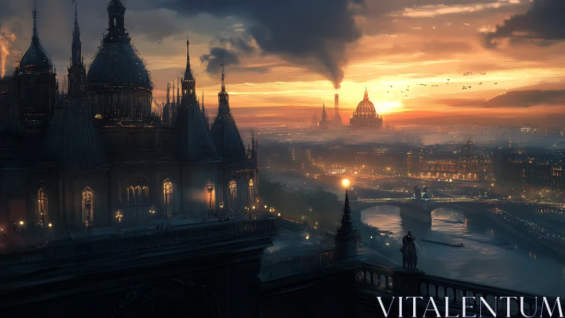 Sunset over grand domed city with river and bridges.