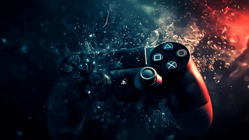 Game controller suspended in glowing digital particles.