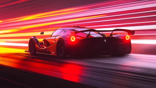 Aerodynamic hypercar under velocity-streaked neon vectors.