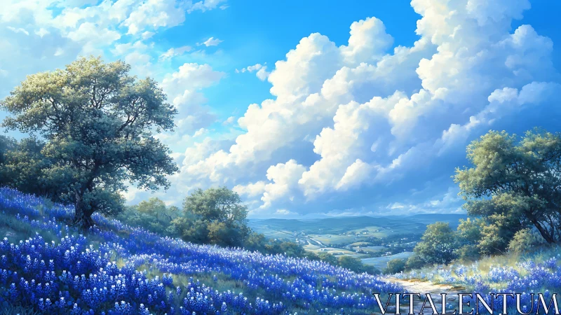 Soft blue wildflower hills under wandering summer clouds.