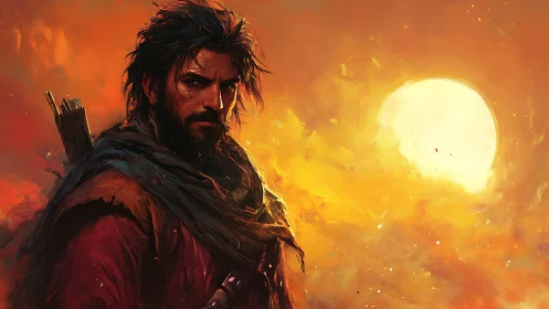 Digital painting of lone wanderer against blazing sun backdrop.