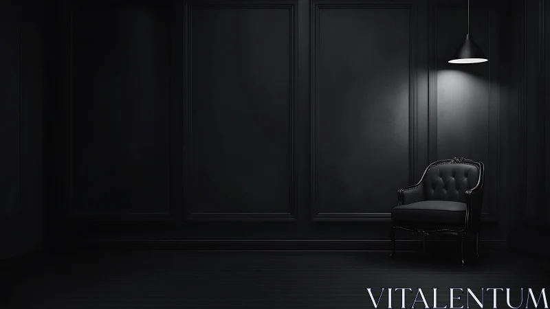 Black armchair under pendant light in dark paneled room.