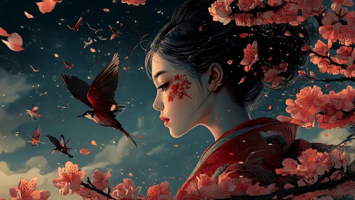 Profile portrait with cherry blossoms, birds, and night sky.
