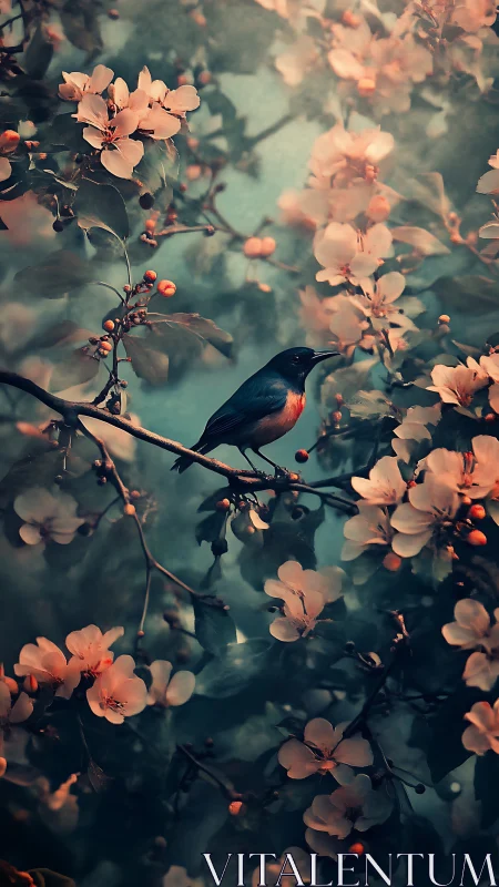 Chromatic passerine on bokeh-softened flowering branchscape.