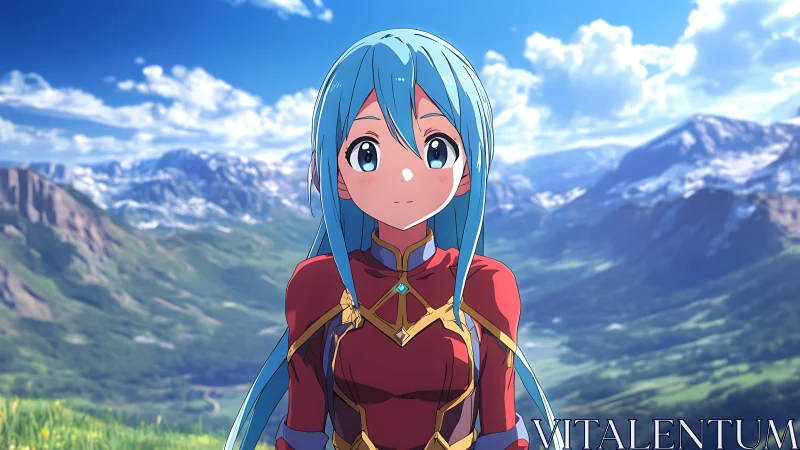 Anime girl with blue hair stands before detailed mountain valley