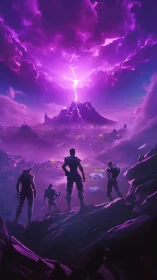 Storm-illuminated volcanic battlefield observed by silhouetted squad