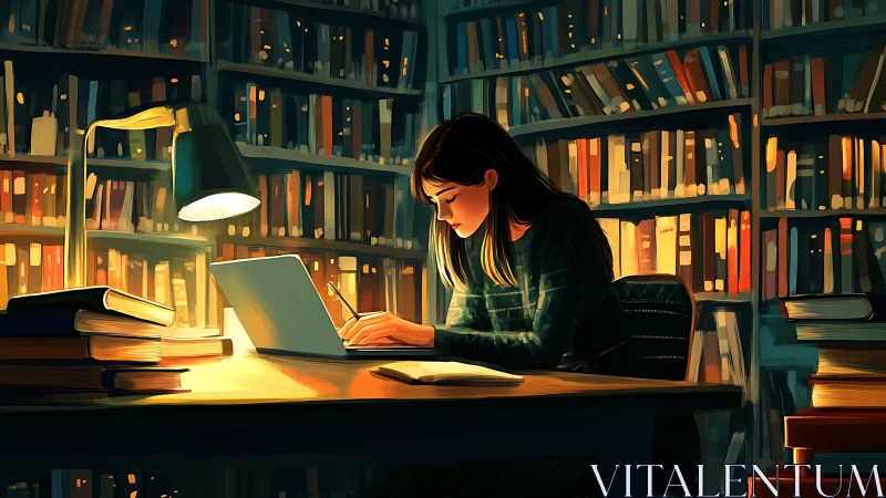 Warm library study scene with directional lamplight and laptop glow