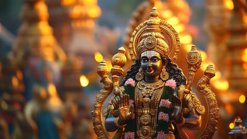 Ornate golden deity statue with garland in shallow focus.