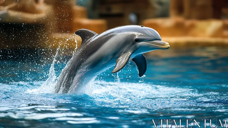 Dolphin leaps through sunlit pool with dynamic water spray.