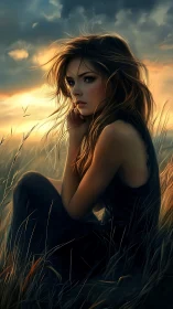 Golden-hour girl sits in quiet fields and thoughtful light
