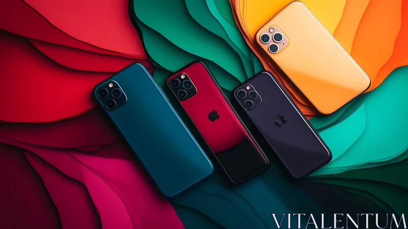 Color-varied smartphones arranged on layered paper backdrop surfaces
