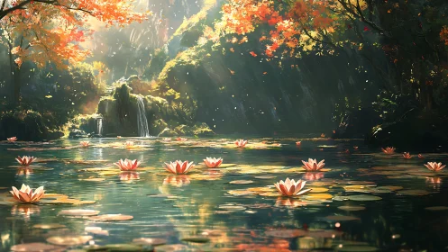 Sunlit lily pond cradled by glowing autumn forest light.