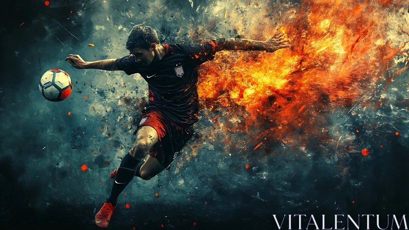 Male footballer kicking ball with trailing fire effect.
