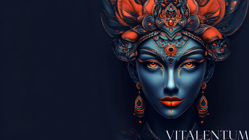 Mystic blue goddess portrait glows with fiery ornate crown