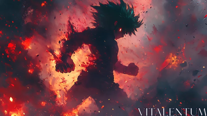 Explosive anime silhouette in incendiary atmospheric composition.