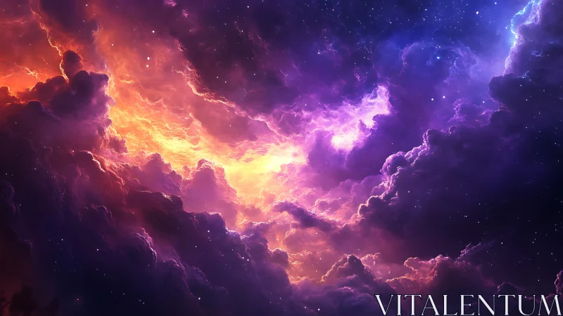 Nebula-like cloud formations occupy a luminous star field