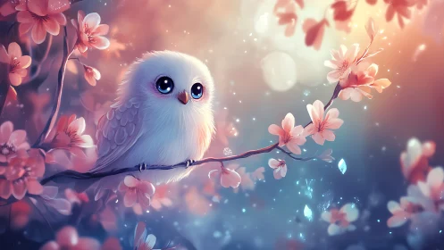 Adorable White Owl on Blossoming Branch in Dreamy Fantasy Style.