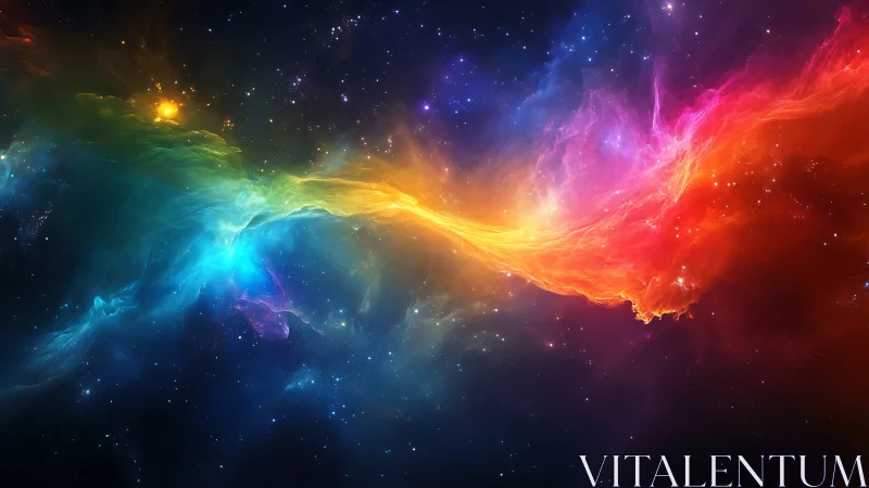 Vivid rainbow nebula arc stretching across deep space.