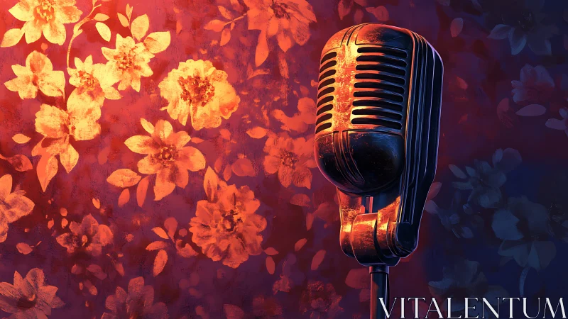 Vintage microphone with luminous floral digital backdrop.
